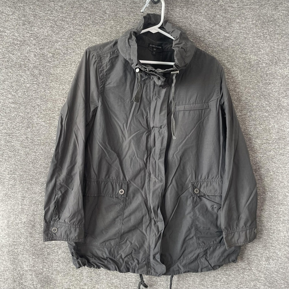 Eileen Fisher Jacket Womens Small Gray Cotton Nylon Parka Full Zip Drawstring